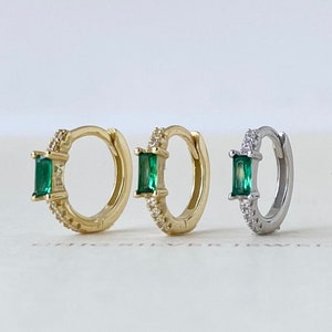 Sterling Silver Huggie Hoop Earrings ft. Emerald Baguette Pave CZ Zirconia, Hoops Classic Minimalist Gifts Presents Everyday Simple Huggies