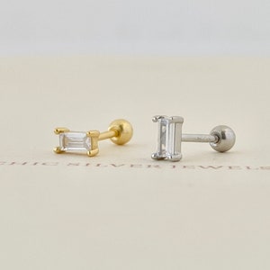 Baguette CZ Screw Back Earrings, 925 Sterling Silver Zirconia Platinum Gold Flash Dainty Minimalist Piercing Cartilage Helix Tragus Conch