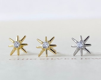 Sterling Silver Earrings, CZ Star Stud Dainty Minimalist Northern Star Southern Cross Starburst Starlight Small Unisex Cute Fun Gift Present