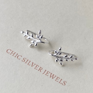 Sterling Silver Earrings, Leaf Branch Ear Climber Hook Threader Pull Through Crawlers Wrap Cuff Minimalist Dainty Unisex Cute Gift Present