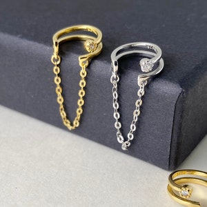 Sterling Silver Ear Cuff w. Dangling Chain, No-Piercing Fake Faux Cartilage Conch Piercing Streetwear CZ Cute Unisex Men Women Gift Present