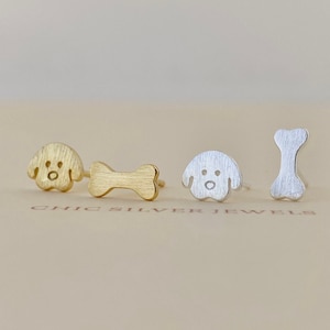 Sterling Silver Earrings, Puppy Dog Bone Stud Post Cute Kawaii Fun Quirky Adorable Dainty Minimalist Pet Vet Mismatched Matte Gift Present