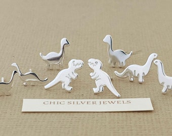 Dinosaur Stud Earrings, Sterling Silver Animal Dainty Minimalist Kawaii Quirky Cute Dino T-Rex Sauropodomorpha Long Neck Prosauropods Gifts