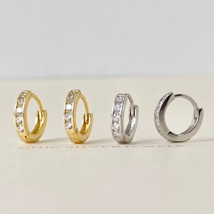 Sterling Silver Huggie Hoop Earrings INNER Diameter 7mm Pave CZ Hoops Dainty Minimalist Gifts Presents Everyday Cartilage Helix Tragus Conch