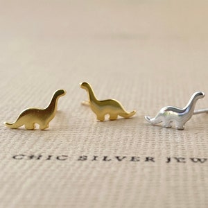 Sterling Silver Earrings, Brontosaurus Dinosaur Stud Animal Dainty Minimalist Kawaii Cute Dino Adorable Quirky Fun Small Gift Present Unisex