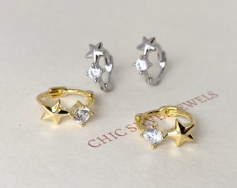 CZ Star Huggie Hoop Earrings in Sterling Silver INNER Diameter 6mm 8mm Hoops Huggies Everyday Gold Dainty Minimalist Cartilage Helix Tragus