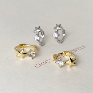 Huggie Hoop Earring, Sterling Silver CZ Star INNER Diameter 6mm 8mm Everyday Dainty Minimalist Cartilage Helix Tragus Ear Lobe Cute Small