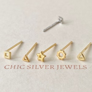 TEENY TINY Silver Earrings, Square Heart Star Sun Triangle, Minimalist Earrings, Dainty Earrings, Gold Earrings, Geometric, Unisex, Gifts
