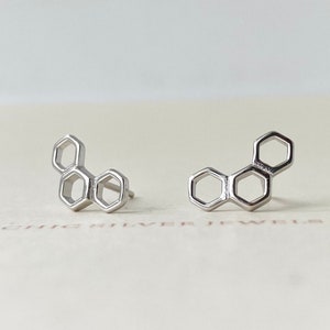 Sterling Silver Earrings, Hexagon Stud Minimalist Ear Climbers Dainty Geometric Modern Boho Cute Adorable Bee Beehive Nature Quirky Present