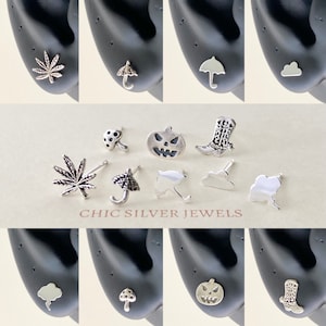 Sterling Silver Earrings, AUTUMN FALL SEASON Leaf Umbrella Could Lightning Bolt Mushroom Pumpkin Boot Weather Meteo Small Minimalist Dainty