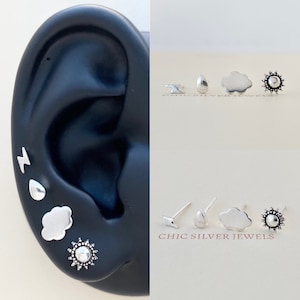 Daytime Sky Stud Earrings Sterling Silver Lightning Bolt Rain Drop Cloud Sun Weather Meteo Tiny Small Minimalist Dainty Unisex Mismatched