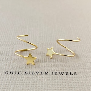 Sterling Silver Earrings, Star Celestial Double Hoops Spiral Hoop Spring Minimalist Dainty Boho Cute Everyday Unisex Men Women Gift Present