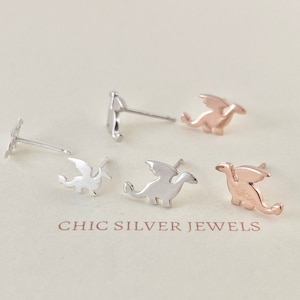 Sterling Silver Earrings, Dragon Dinosaur Pterosaur Stud Rose Gold Shiny Polished Animal Minimalist Dainty Cute Dino Kids Children Jewellery