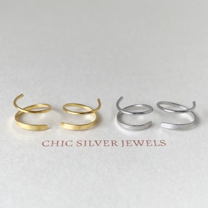 Sterling Silver Earrings, Double Hoop Hoops Hammered Spiral Wrap Earrings Gold Unisex Men Women Gift Present Minimalist Dainty Everyday Cute