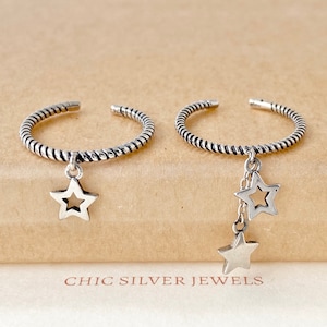 Anillo de plata de ley con colgante de estrella: Anillo ajustable para mujer