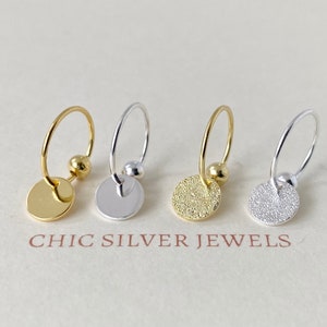 Sterling Silver Hoop Earring with Dainty Disk Charm: Minimalist Style