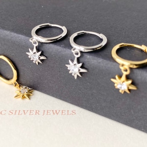 STAR Hoop Earrings, Sterling Silver Hoop Earrings Dangling Celestial STAR Charm, Huggie Small Minimalist Dainty Everyday Gold Gifts Presents