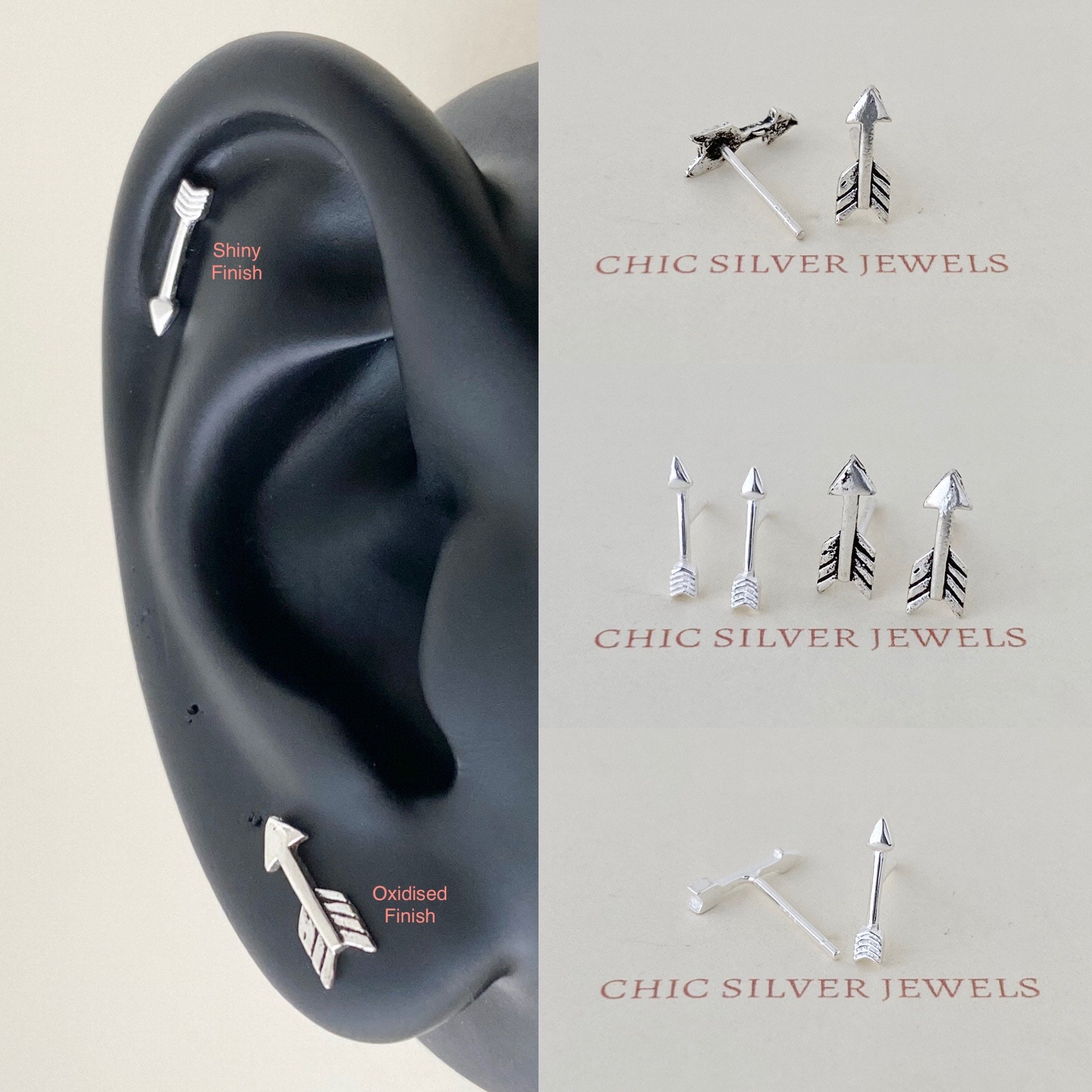 Orecchini A Perno In Argento 925 Con Pietra Di Luna E Freccia, Unisex Per Cartilagine