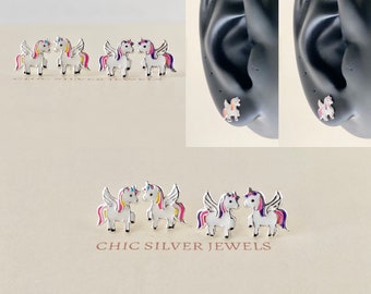 Sterling Silver Earrings, Unicorn Stud Studs Animal Dainty Minimalist Kawaii Quirky Cute Flying Fairytale Fairy Rainbow Small Gift Present