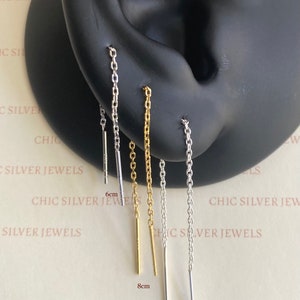 Sterling Silver Earrings, SIMPLE Threader 6cm 8cm Minimalist Dainty Chain Thread Pull Through Short Small Everyday Lightweight Unisex Gift