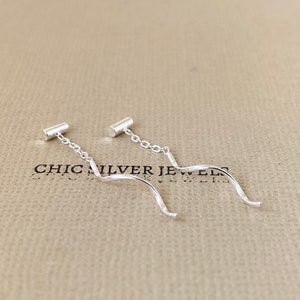 Sterling Silver Earrings, Dainty Threader Earrings Geometric Tube Minimalist Chain Thread Earrings Everyday Pull Through Short Ear Threaders