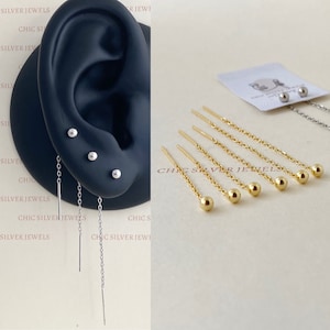 Sterling Silver Earrings, Threader Ball Bead Minimalist Dainty Simple Chain Thread Pull Through Everyday Unisex Cute Adorable Gift Present