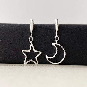 Sterling Silver Earrings, Cutout Moon Star Earrings Dangle Drop Celestial Minimalist Dainty Mix & Match NonMatching Mismatched Gift Present