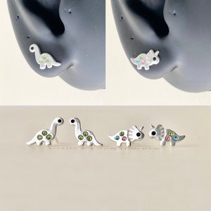 Sterling Silver Earrings, Dinosaur Stud Animal Dainty Minimalist Kawaii Quirky Cute Dino Brontosaurus Triceratops Brachiosaurus Kid Children