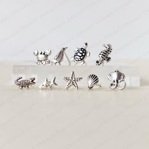 Sterling Silver Earrings, SEA ANIMAL Crocodile Shark Star Fish Seastar Shell Stingray Ray Crab Penguin Turtle Seahorse Quirky Cute Ocean