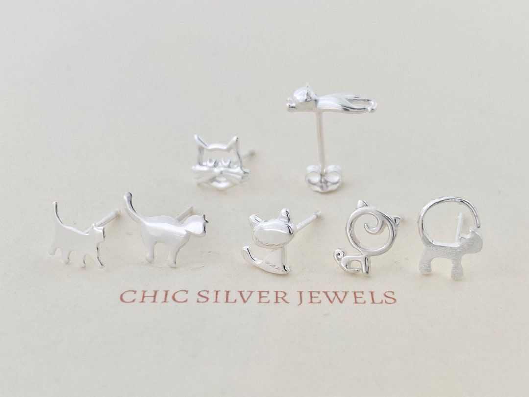Orecchini a perno in argento Sterling 925 a forma di gatto, per