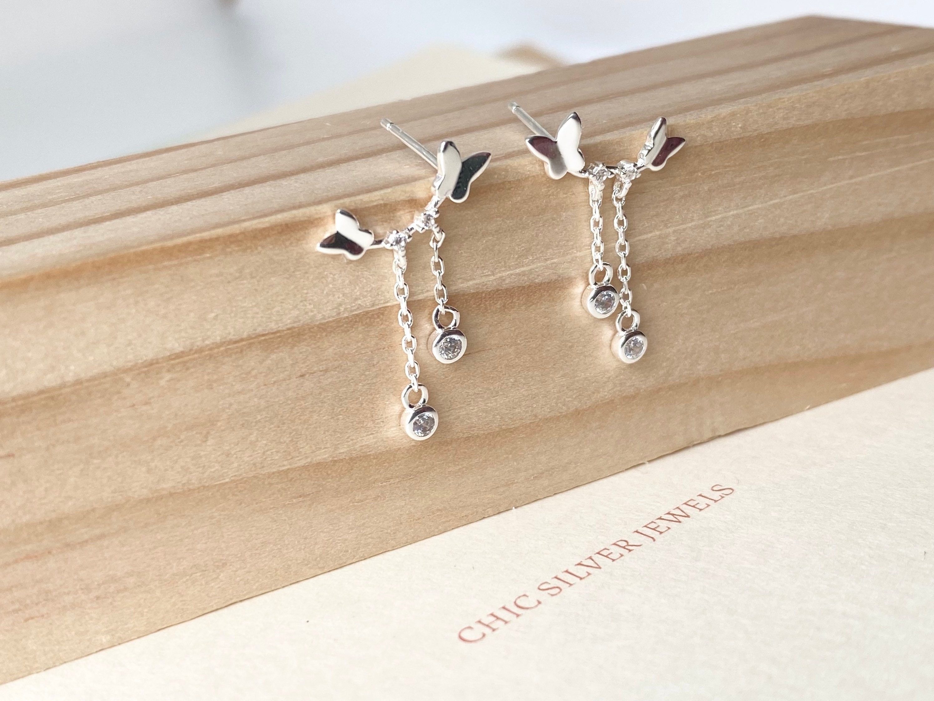 Orecchini pendenti a forma di farfalla Orecchini pendenti in argento sterling 925 con cristalli bianchi Orecchini a filo lungo Orecchini gioielli per donne e ragazze
