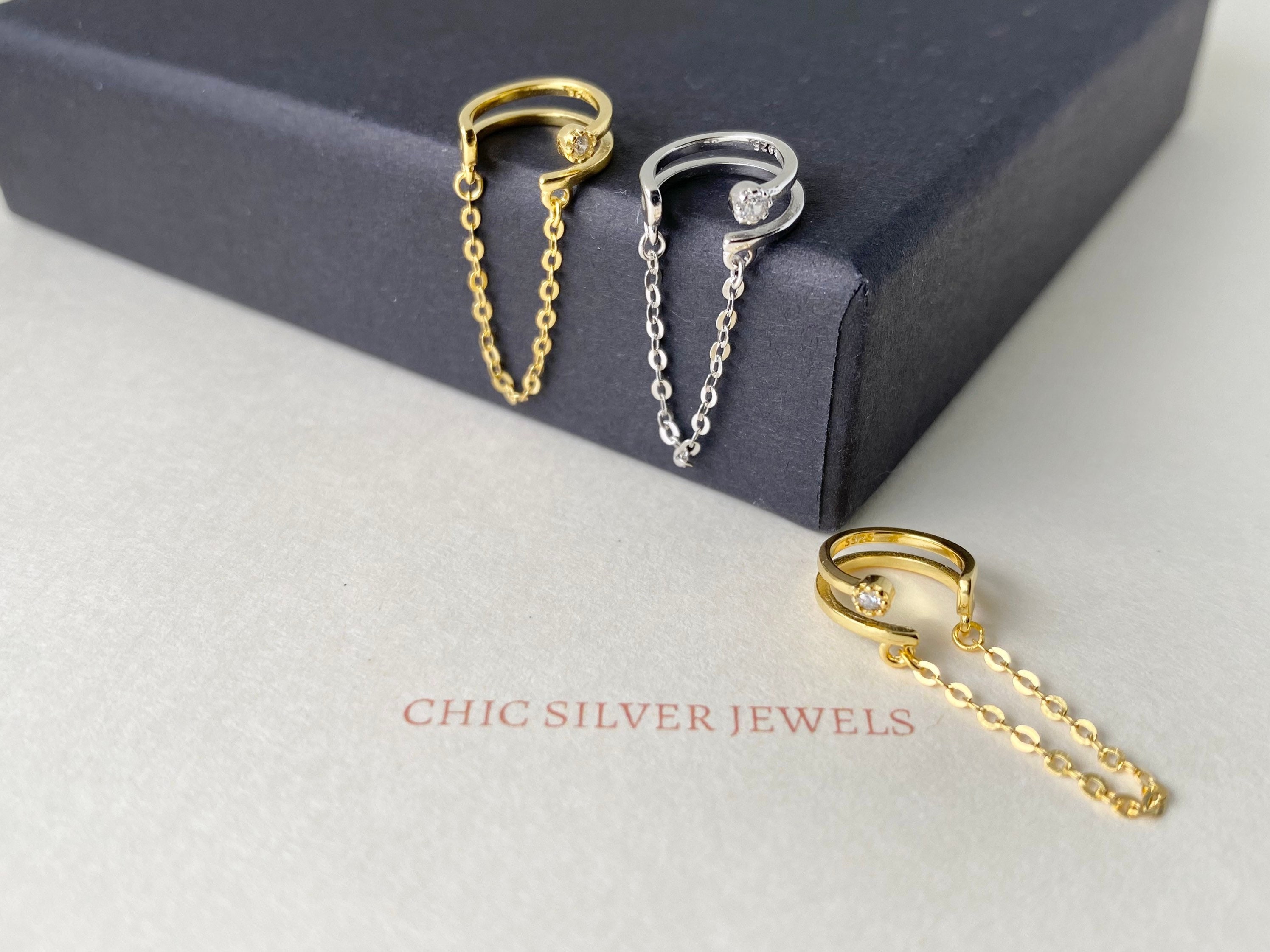 Sterling Silber Ohrmanschette m. Baumelnde Kette, Nicht-Piercing Gefälschte Faux Knorpel Conch Piercing CZ Niedlich Unisex Männer Frauen Geschenk Geschenk jeden Tag