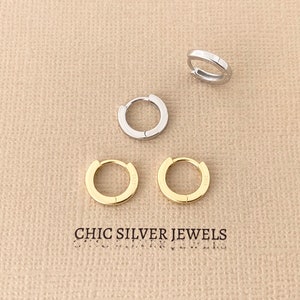 Huggie Hoop Earrings, Sterling Silver Minimalist Simple Everyday Plain 5mm 7mm 9mm Chunky Skinny Square Edge Gold Gift Present Unisex Men