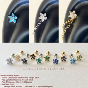 Sterling Silver Earrings with Screw Back, Flower Daisy Dainty Minimalist Piercing Cartilage Helix Women Cute Small Beautiful Pretty CZ Gift