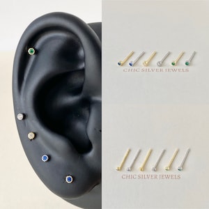 Sterling Silver Earrings, TEENY TINY 2mm CZ Stud Sapphire Blue Emerald Green Minimalist Dainty Small Simple Everyday Children Gift Present