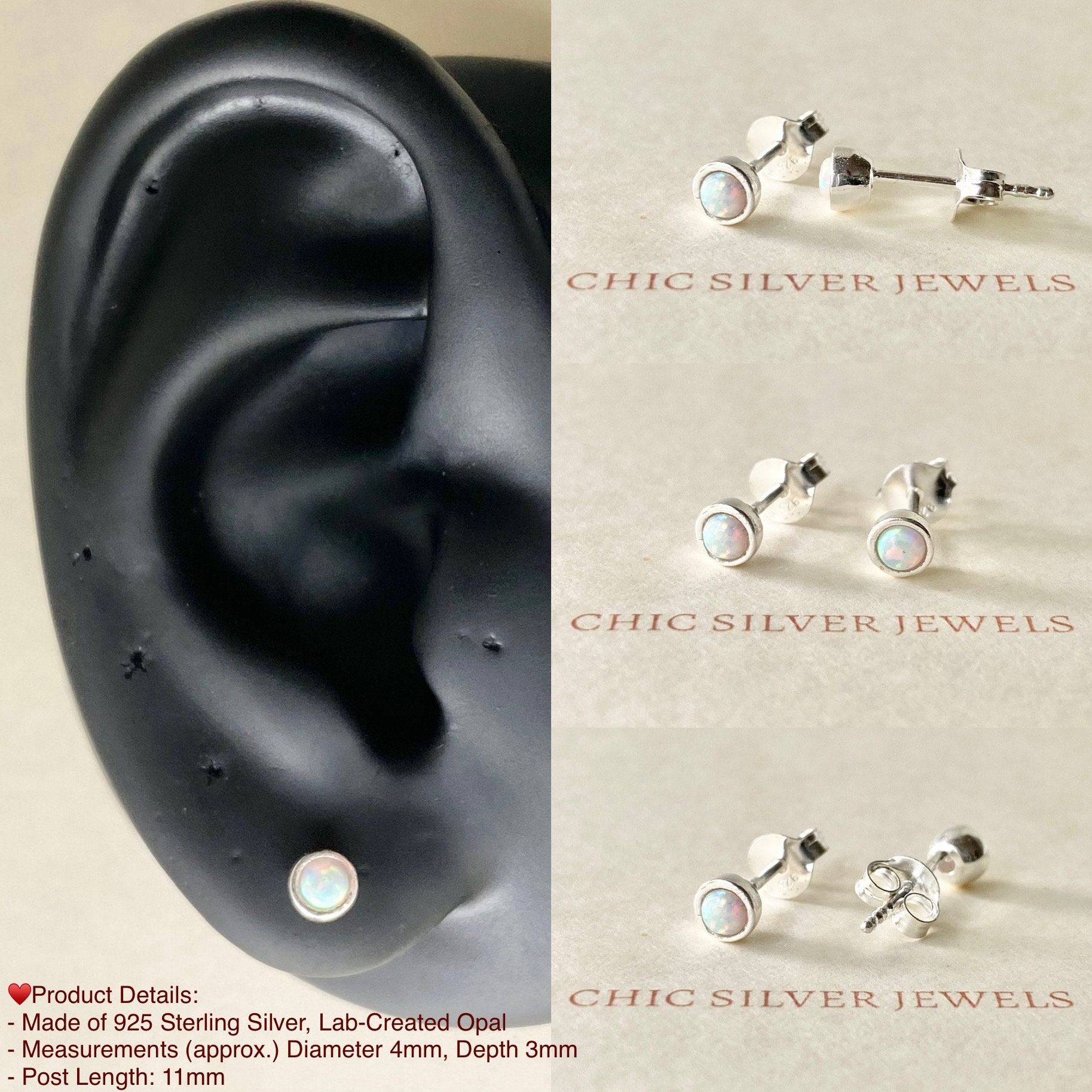 Orecchino a perno in argento sterling con opali bianchi da 8 mm, orecchini a perno con opale realizzati a mano. - Italia