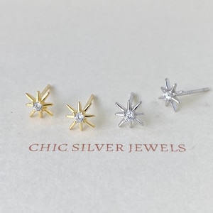 Sterling Silver Starburst Stud Earrings: Dainty CZ Celestial Jewellery