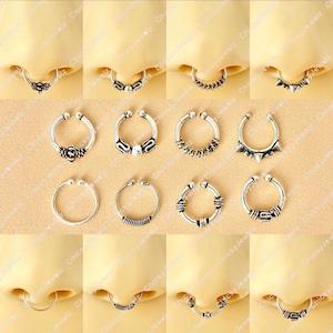 Septum Ring, Fake Faux Clip On No Piercing Non Pierced Sterling Silver Boho Minimalist Small Dainty Cute Fun Tribal Bali Oxidised Ear Cuff