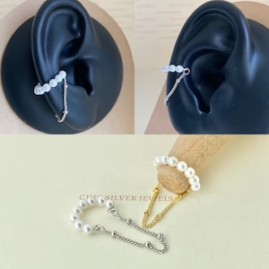 1pc Pearl Ear Cuff w. Dangling Bead Chain Sterling Silver No-Piercing Fake Faux Cartilage Piercing Streetwear Unisex Men Women Gifts Present