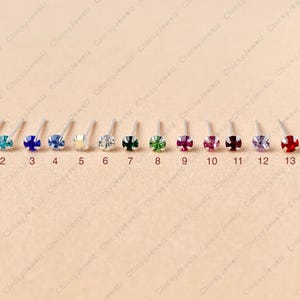 May include: A collection of fourteen nose studs with various colored cubic zirconia stones. Each stud has a small, square-cut gemstone set on a silver post. The colors include black, blue, clear, green, pink, red, and purple.