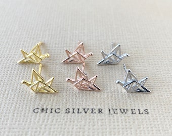 Origami Crane Bird Earrings, Sterling Silver Stud Post Minimalist Dainty Gold Flash Rose Gold Japanese Paper Art Earrings, Gifts Presents