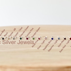 Sterling Silver Nose Bone, 22G TEENY TINY 1mm or 1.5mm Stone Amethyst Aqua Blue Crystal Emerald Fuchsia Peridot Pink Sapphire Siam Lavender