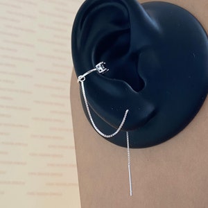 SINGLE Ear Cuff with Long Chain Threader, Sterling Silver Black CZ Zirconia Gold No Piercing Fake Faux Cartilage Piercing Unisex Presents