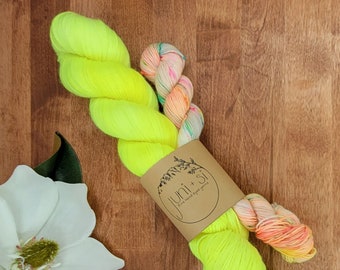 Your Mom Misses the 80's sock set fluorescent yellow.  Hand dyed, small batch, yarn