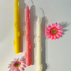 Daisy Taper Candles, Flower Tapers, Unique, Lemon Chiffon Scented, Spring Candles, Pair of Tapers, Candlesticks, Natural Wax, Great Gift