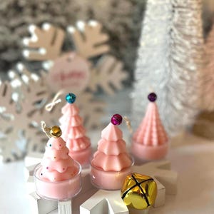 Juego de mini velas de árbol, velas de árbol de Navidad, regalos navideños, decoración navideña, forma de árbol, decorativas, árboles rosas, regalo para anfitriona