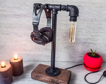 Headphone holder, Headphone hanger, Wood headphone stand, Gaming headset stand, Industrial desk lamp, Steampunk lamp, Industrial headphone