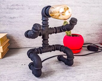 Edison table lamp, Robot desk lamp, Bedside lamp unique, Handmade desk lamp, Edison bulb lamp, Steampunk lighting, Loft desk lamp