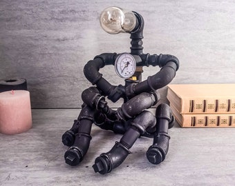 PipeMan Desk Lamp, Robot Lamp, Accent desk lamp, Edison Steampunk lamp, Industrial lighting, Edison Steampunk lamp, Edison table lamp