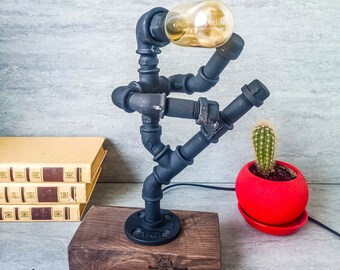 Edison table lamp, Robot desk lamp, Bedside lamp unique, Handmade desk lamp, Edison bulb lamp, Steampunk lighting, Loft desk lamp